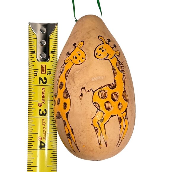 Gourd Art Giraffe Hand Painted Ornament Green Ribbon 5 images signed 4.5 inches - Picture 7 of 7